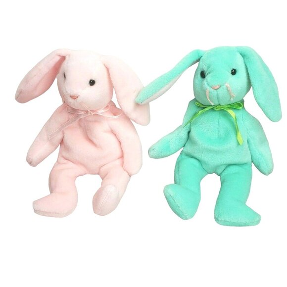 2 Vintage Ty Beanie Baby Bunny Rabbit Lot Hoppity Hippity No Tags 1996 PVC - Picture 1 of 9